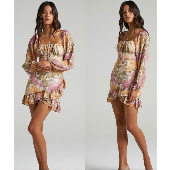 Showpo. Dresses & Skirts - Showpo Floral Grizela Mini Dress NEW Size 12 Pink Long Sleeves